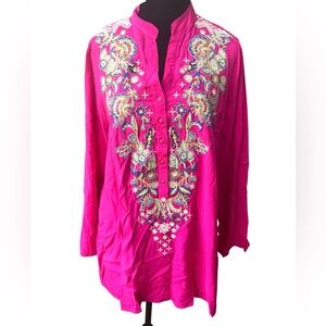 Luna Moon Embroidered Tunic Size Medium Pink Boho Floral Lightweight